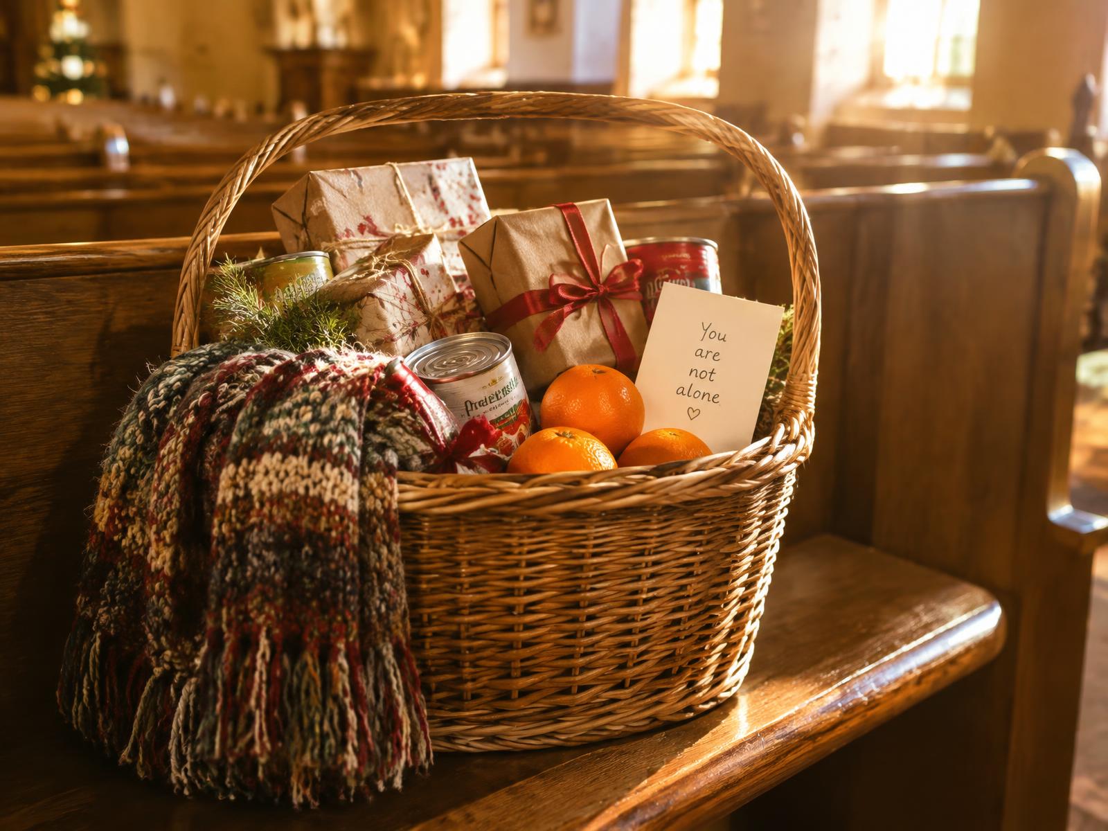 A basket of wrapped gifts, food and a warm scarf on a church pew